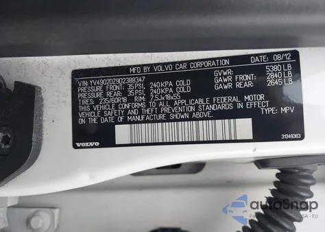 2013 Volvo Xc60 T6/T6 Platinum/T6 Premier Plus/T6 R-Design/T6 R-Design Platinum/T6 R-Design Premier Plus z USA, uszkodzony, nr VIN YV4902DZ9D2388347